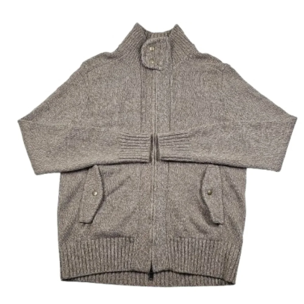 Banana Republic Lambs Wool Blend Variegated Taupe Tan Gray Knit Full Zip Sweater